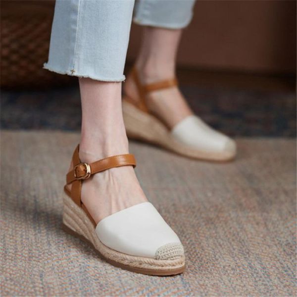 

sandals pxelena vintage rome round toe ankle strap women real genuine leather straw weaving wedge heels platform shoes daily 40, Black