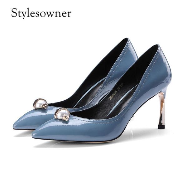 

stylesowner shallow with pearl genuine leather woman pumps office lady pointed toe party wedding single shoes dress, Black