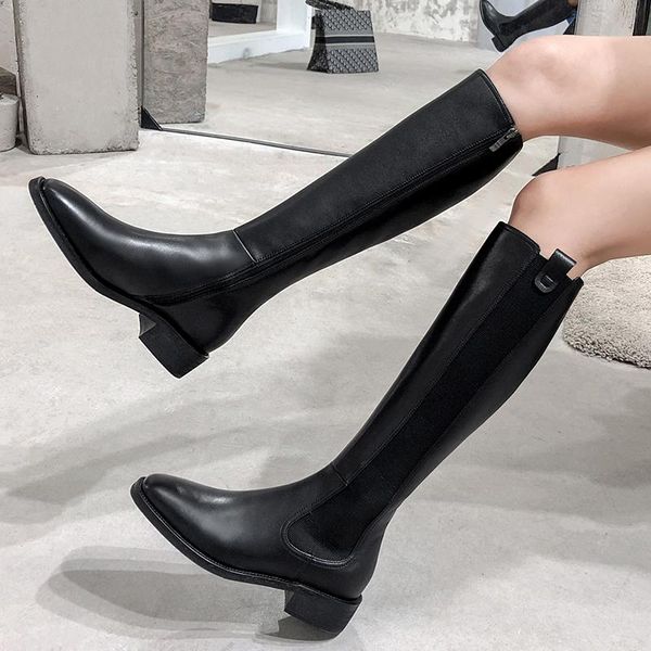 

boots autumn/winter 2021 natural leather for women knee stretch side zipper, Black