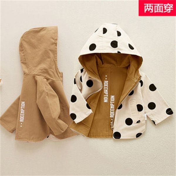 

girls' dresses coat autumn children's hooded wave dot both sides wear windbreaker toddler baby boy girl clothes, Red;yellow