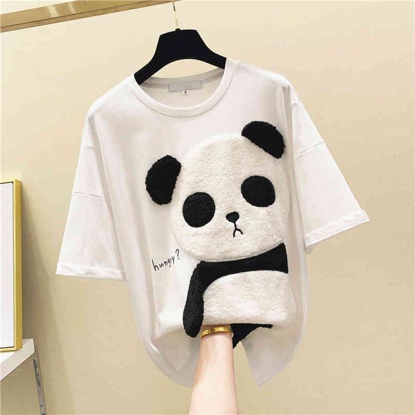 

tee panda embroidery cotton t-shirt women short sleeve o-neck simple white black cute shirt