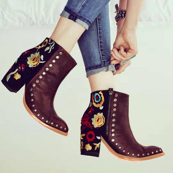 

boots roman vintage winter shoes pointed rivets embroidery for women sewing thread thick with botas mujer invierno, Black