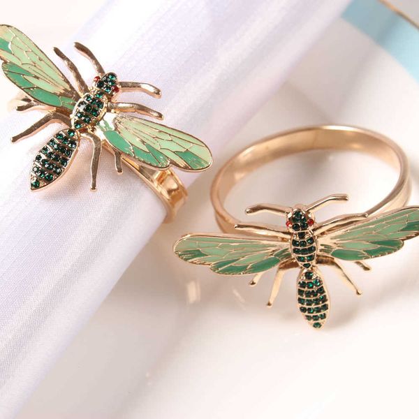 10 pz The Bee tovagliolo fibbia anello tovagliolo lega verde insetto libellula gocciolamento diamante fibbia asciugamani di carta, 210706