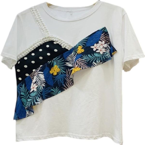 

[ewq] women fack two spiced embroidered flares printed t-shirt o neck short sleeve fashion daliy beach summer 2021 16f1363 women's, White