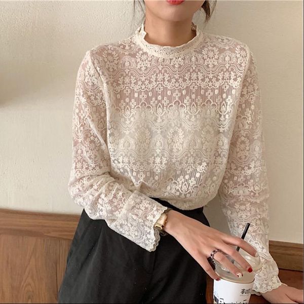 

casual all match stand collar womens shirts hollow out lace long sleeved women blouses spring summer female pullovers blusas, White