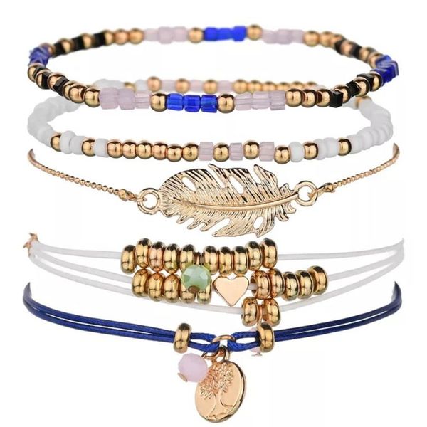 

charm bracelets explosive bracelet 5pcs/set hand-woven with retro feather and peach heart wax rope star wrap, Golden;silver
