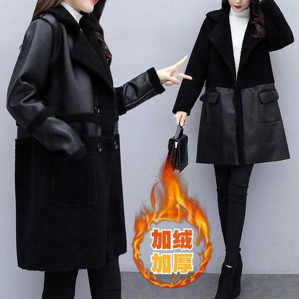 

women black thicken faux leather jacket ladies lambswool sheepskon suede warm trench coats female long outerwear large size women's