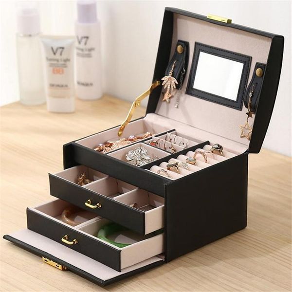 

multifunction large capacity leather jewelry box travel organizer necklace earring ring storage with lock 20#4 eyebrow tools & stencils1