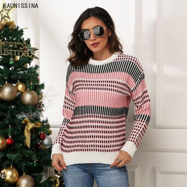 

christmas sweaters women long sleeve o-neck autumn winter striped knitted female pullover chic ladies jumpers sweater women's, White;black