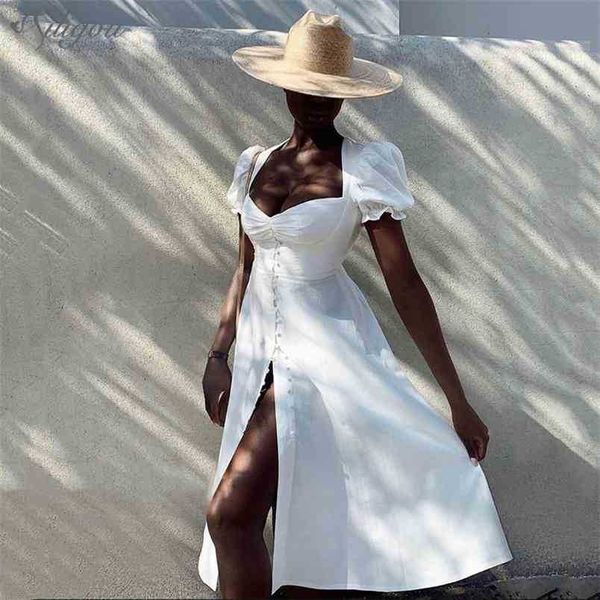 

summer square neck puff sleeve elegant dress female white mid-length party vestidos 210525, Black;gray