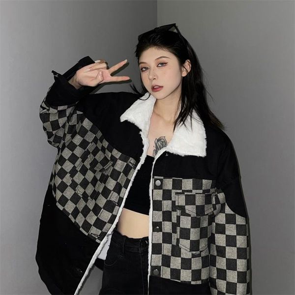 

women's jackets streetwear fashion harajuku coat vintage checkerboard plaid full sleeve denim splicing jacket single breasted loose cas, Black;brown