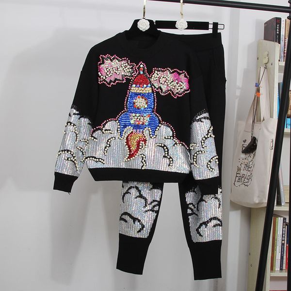 

pant fashion knitted set women tracksuit handwork beading sequins sweater long pencil pants two piece outfits female loose knit suit, White