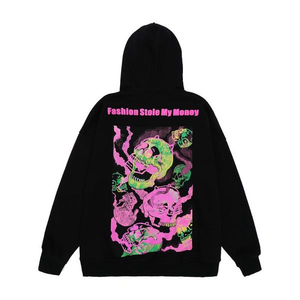 

men's hoodies & sweatshirts hip hop men skulls letter print fleece hooded sweatshirt streetwear fall winter retro harajuku oversize cot, Black