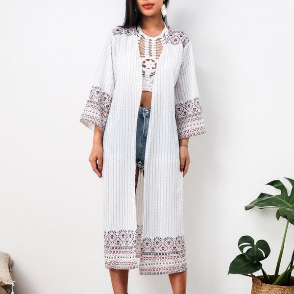 

kimono print loose cardigan bikini cover ups fashion casual beachwear holiday beach blouse white navy 2021 drop women's swimwear, White;black
