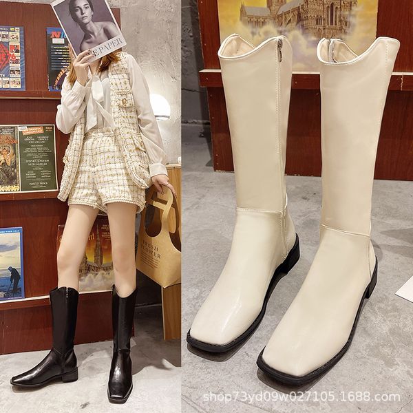 

knight autumn and winter 2021 middle heel square head riding women's black leather side zipper high boots