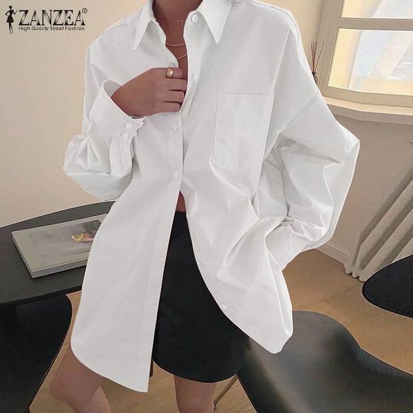 

women's blouses & shirts spring korean style women ladies turn-down neck chemise front pockets casula loose streetwear blus, White