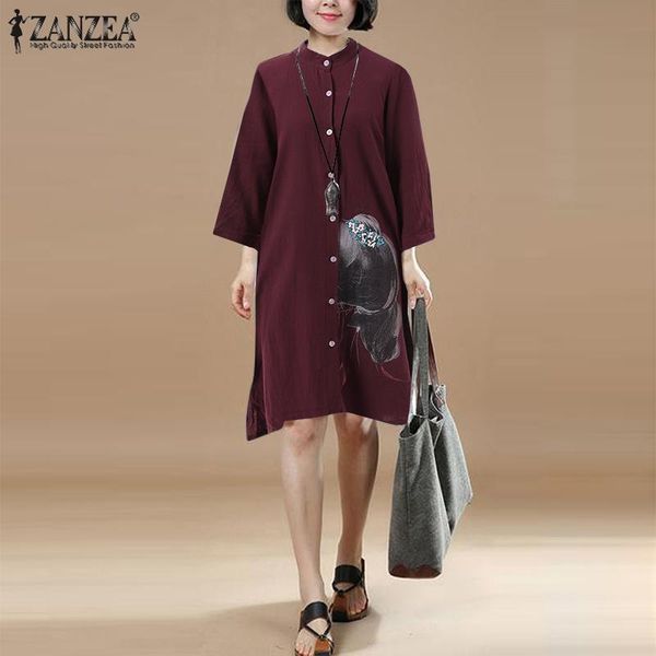 

casual dresses bohemian sundress autumn vintage printed long sleeve kaftan women o neck button shirt dress female beach vestidos, Black;gray