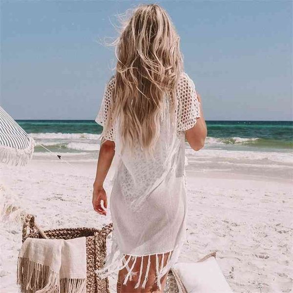 

knitted women bikini swimsuit hollow out dress tassel tunics bathing suits cover-ups beachwear, White;black