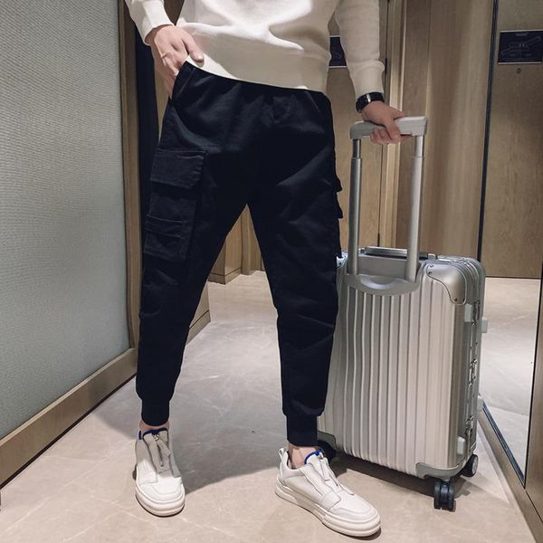 

men's pants autumn overalls slim fashion solid color casual multi-pocket tooling long man streetwear wild hip-hop joggers sweatpants, Black