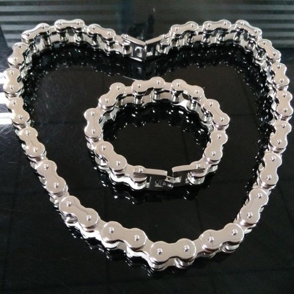 

earrings & necklace cool 316l stainless steel biker chain and bracelet set men women simple motorcycle jewelry 18mm wide polished, Silver