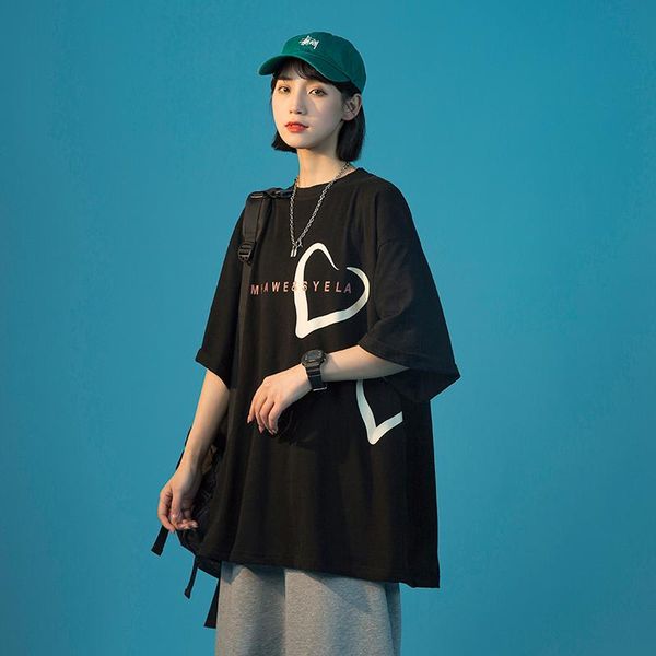 

women's t-shirt cotton t shirts for women summer heart print clothing girls korean fashion trends oversized streetwear graphic, White