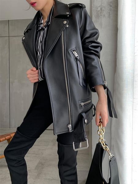 

women's leather & faux lautaro autumn womens motorcycle biker jacket zipper long sleeve loose red black soft for women 2021
