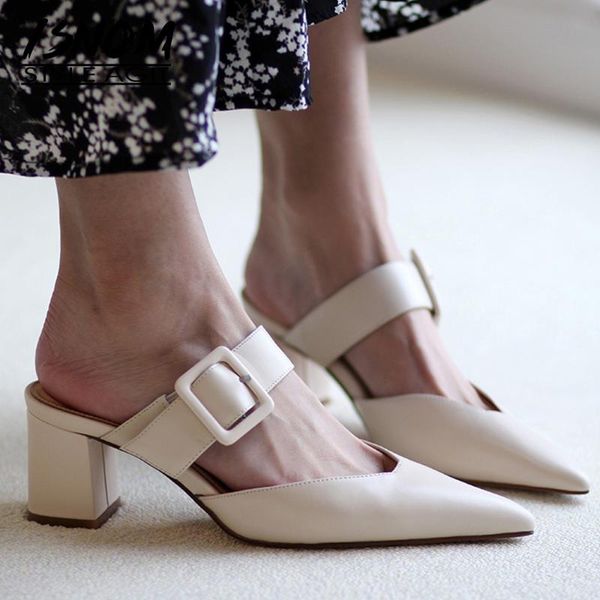 

women sandals pointed toe shallow thick high heels mules genuine leather buckle strap ladies shoes, Black