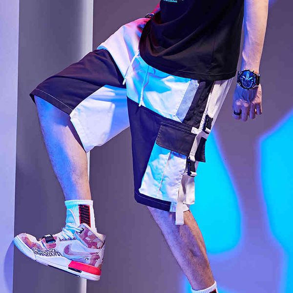 

men's shorts harajuku cargo summer hip hop color block streetwear casual jogger pocket cotton male hiphop bndc, White;black