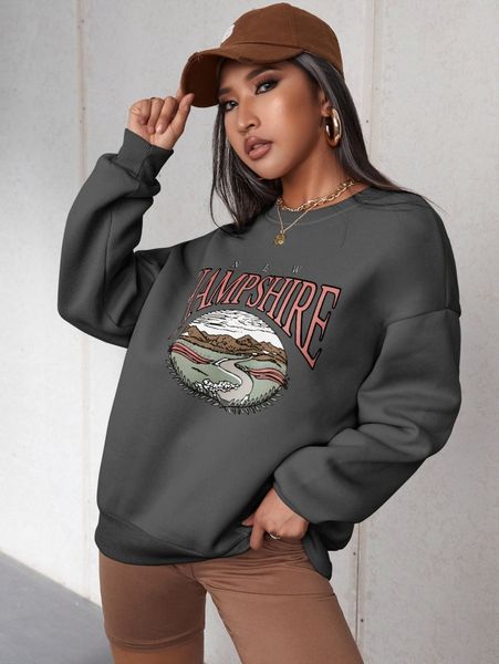 

mountain & letter graphic drop shoulder sweatshirt s66k#, White;black