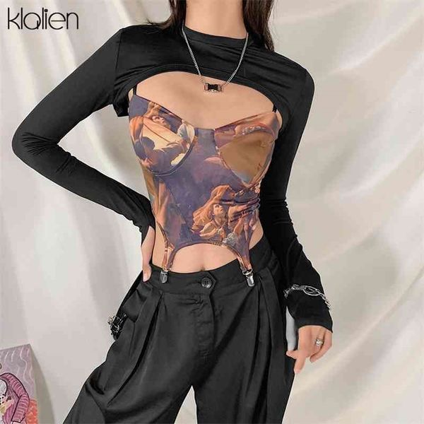 

klalien fashion print long sleeve female t shirt autumn high street casual simple harajuku women slim was thin aesthetic tee 210324, White