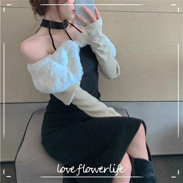 

black midi dress fur neck casual chic evening party dress korea spring elegant vintage knit dress female y2k 210521, Black;gray