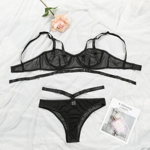 

aduloty mesh splicing underwear set lace bralette cutout lingerie set lace see thru pajamas bra set, Black;white