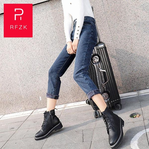 

women's jeans rfzk 2021 autumn denim trousers women loose high waist cotton embroidery thin female student pants trendy, Blue