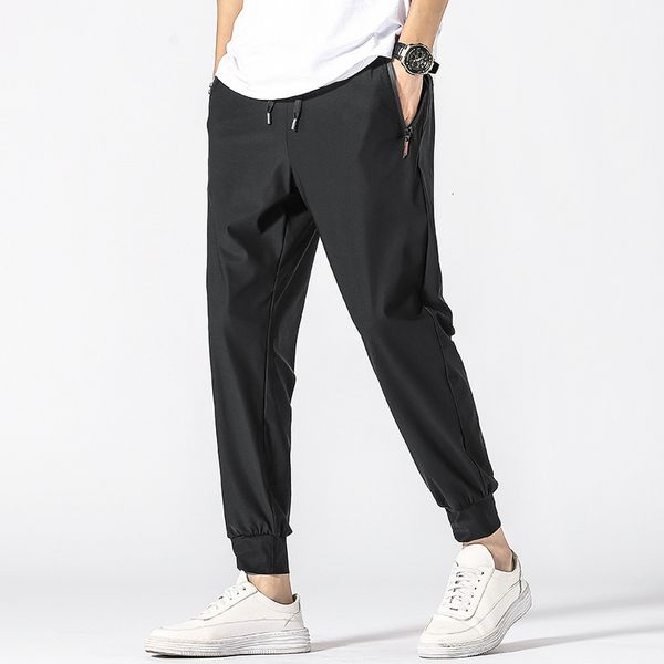 

silk ice pants men's summer trend nine point breathable leggings elastic air conditioning leisure sports, Black