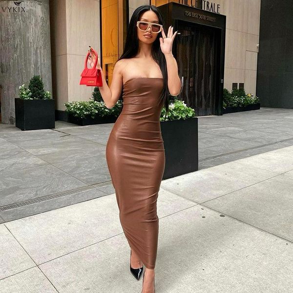 

casual dresses korean pu faux leather women solid tube midi back slit bodycon streetwear party clubwear elegant 2021 autumn winter, Black;gray