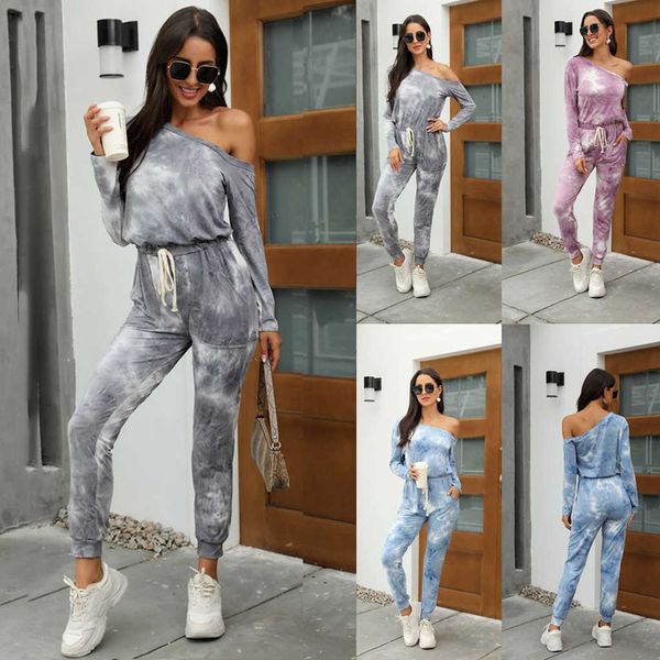 

skirts fall winter tie dye print long sleeve off shoulder jumpsuits casual skew neck elastic waist lace up pocket playsuit lady rompe 3ltx, Black