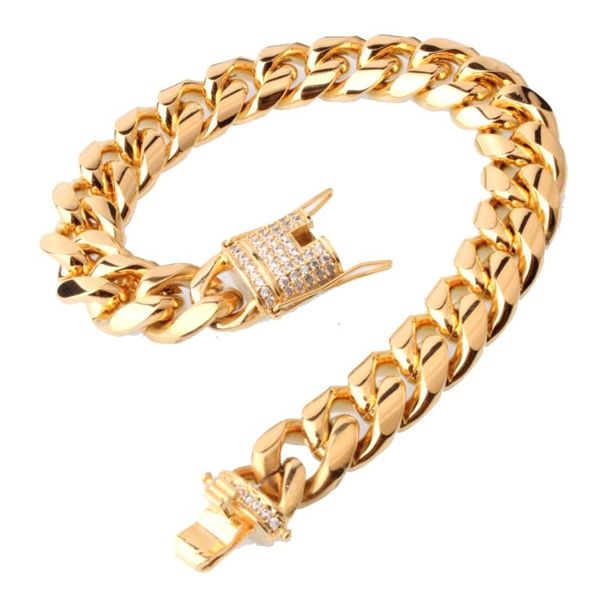 

link, chain 15mm 7-11"white cubic zircon stainless steel golden miami curb cuban bracelet fashion daily jewelry, Black