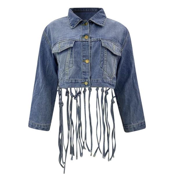 

women's jackets women vintage stylish streetwear female solid button up flap detail tassel back crop denim long sleeve coat veste femme, Black;brown