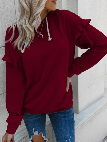 

ruffle trim drop shoulder drawstring hoodie b5tj#, White;black