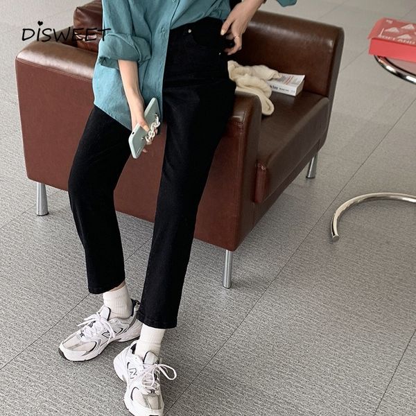 

jean solid loose straight-leg woman korean high waist straight ankle-length pants women spring autumn black slim jeans women's, Blue