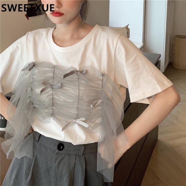 

women's grey mesh bowknot fashion korean t-shirt comfortable casual loose kawaii top, White