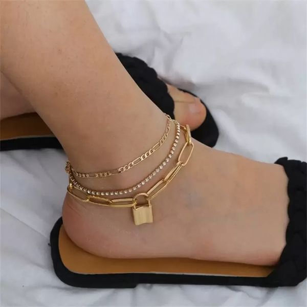 

genuine fashion 3pcs/set with lock pendant chain anklet bracelet for women foot accessories summer beach barefoot sandals bracelet 144 r2, Red;blue