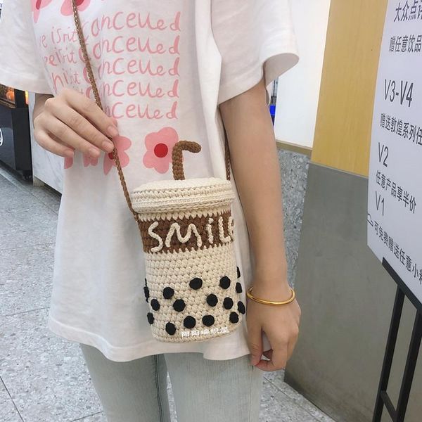 

storage bags handmade creative yarn weaving pearl milk tea material bag crochet needle cross mobile phone