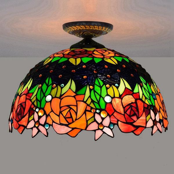 

ceiling lights 40cm european countryside rose tiffany multi-colored glass restaurant bedroom corridor colored luminaire