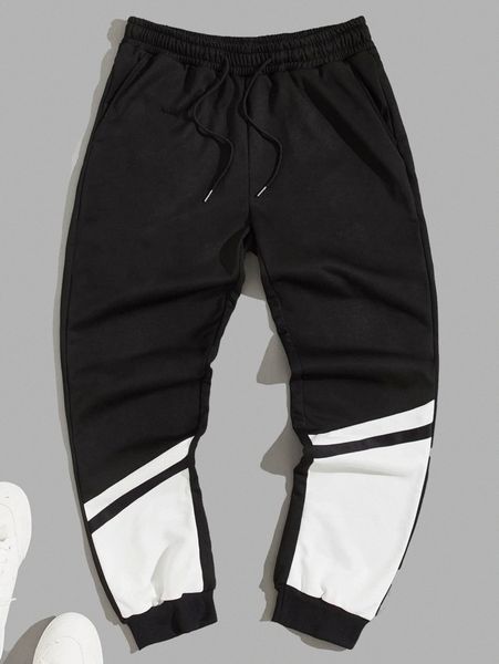 

men contrast panel drawstring waist sweatpants 014g#, Black