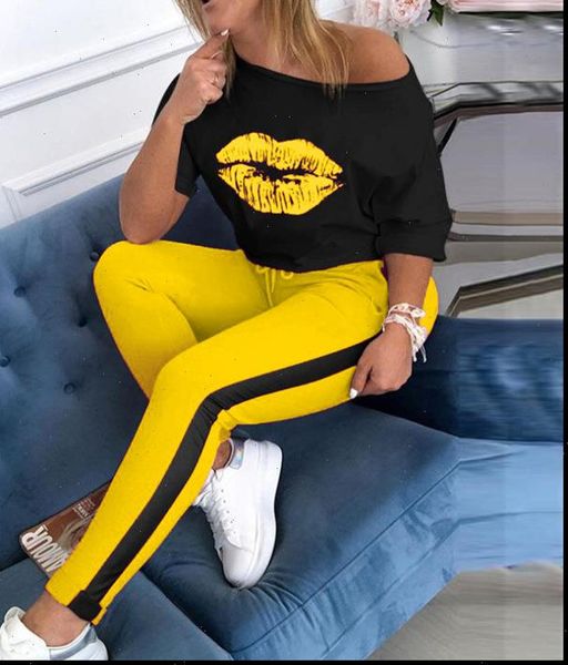 

two piece sets print women tracksuits tracksuit autumn off shoulder 2pcs set blouse elastic waist pants lounge wear plus size, Gray