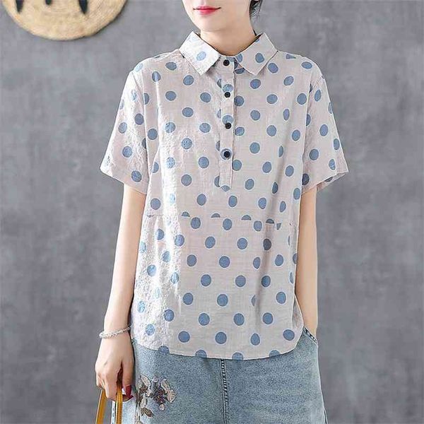 

summer arts style women short sleeve polka dot shirts turn-down collar all-matched casual cotton linen blouse plus size s711 210512, White
