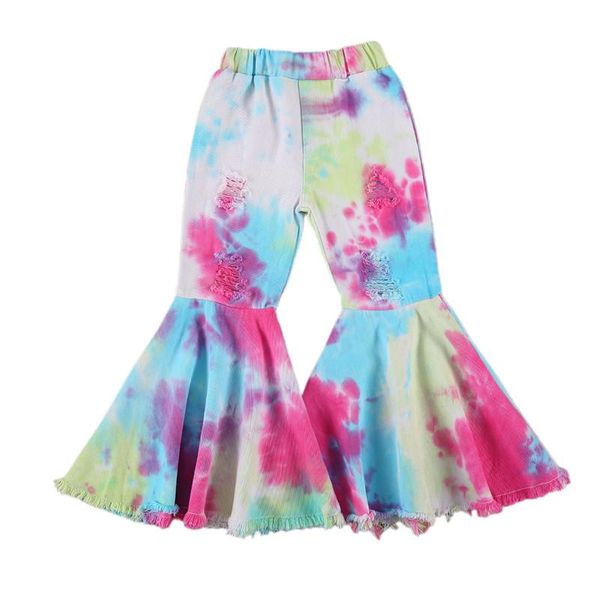 

trousers kids girl hole flared pants ruffle denim dye printed keep warm winter fall personality rough hem clothes, Blue