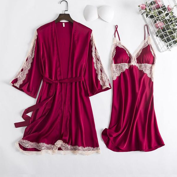

nighty robe gown sets womens 2pcs satin bathrobe dress spring lace hollow out sleepwear nightgown sleep suit women's, Black;red