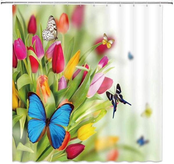

tulip floral butterfly shower curtain colorful spring flower plant scenery bathroom decor home bathtub polyester curtains set
